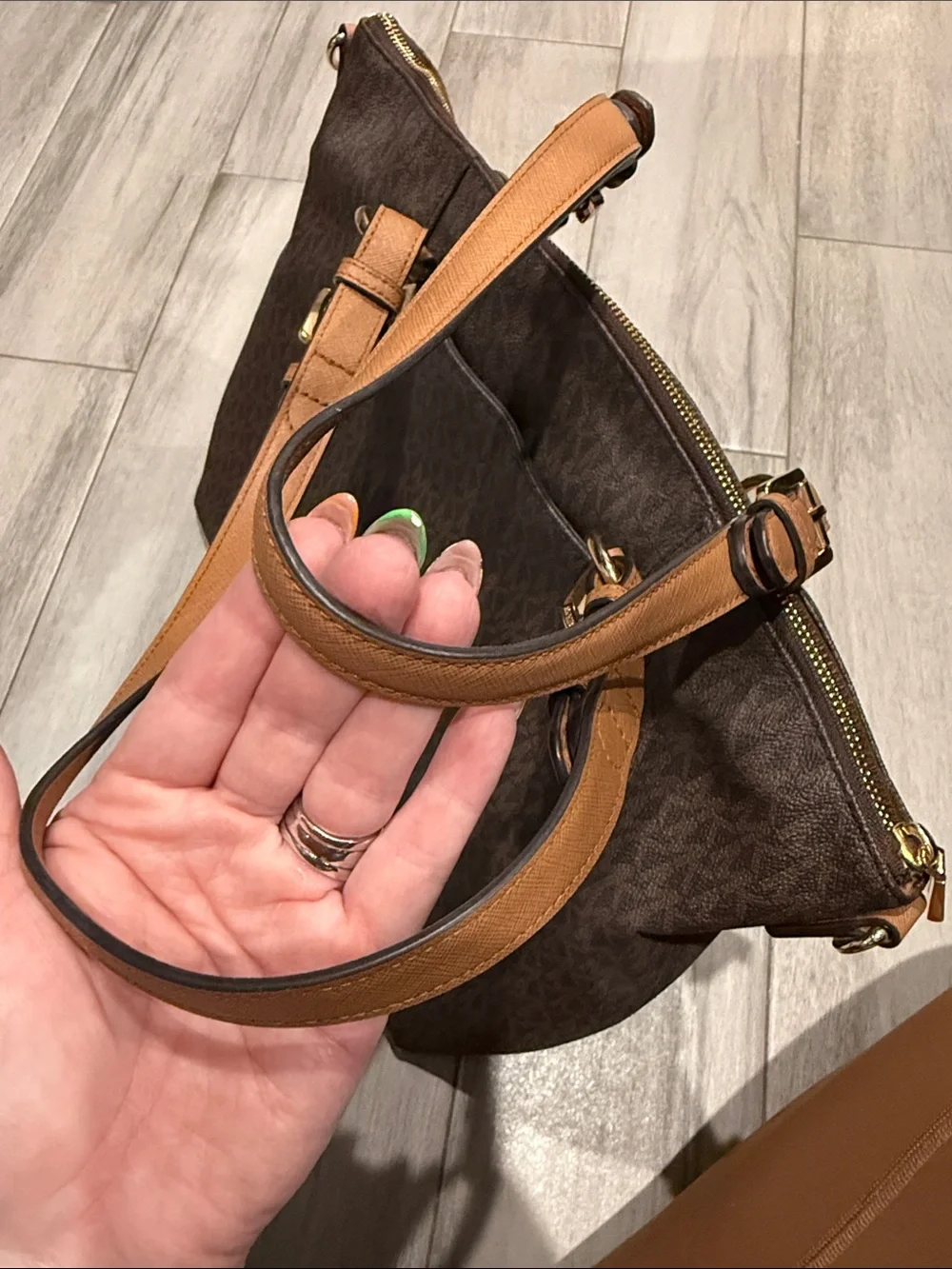 Michael Kors Brown Logo-Print Tote with Tan Straps